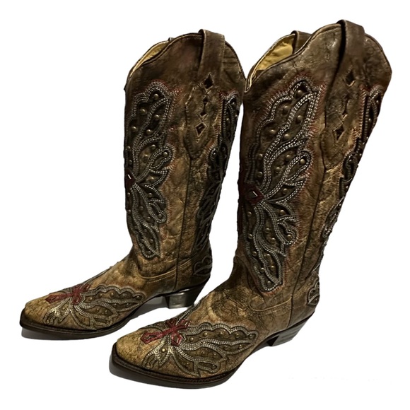 Corral Women's Weathered LD Bronze/Gold Red Wing & Cross Studs 9M - Picture 3 of 12